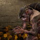 A monkey-like creature sits in a patch of golden flowers.